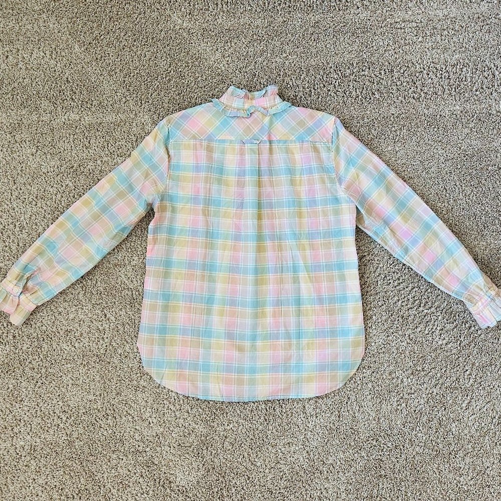 🌈 New 🌈 J Crew Classic-Fit Cotton-Silk Voile Ruffleneck Shirt in Pastel Plaid - Picture 8 of 13